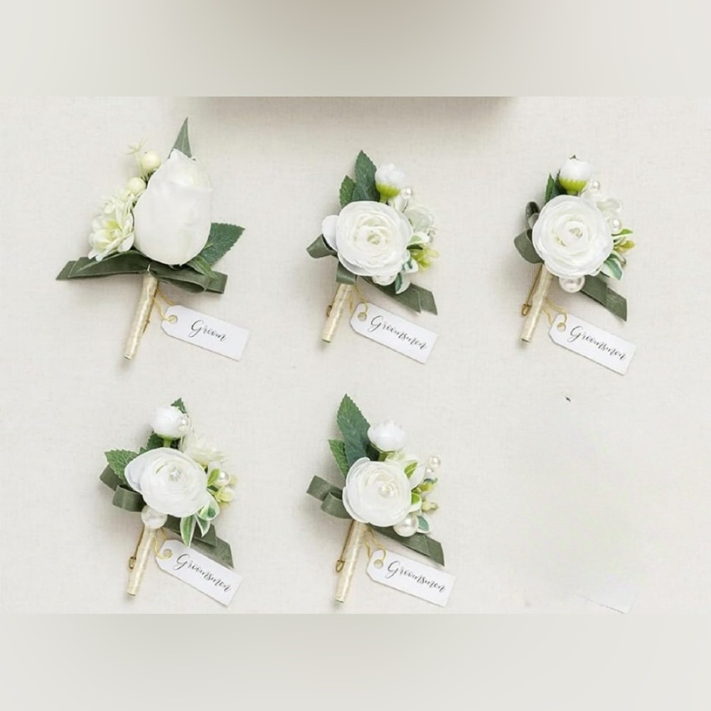 Elegant White Faux Floral Boutonniere Set